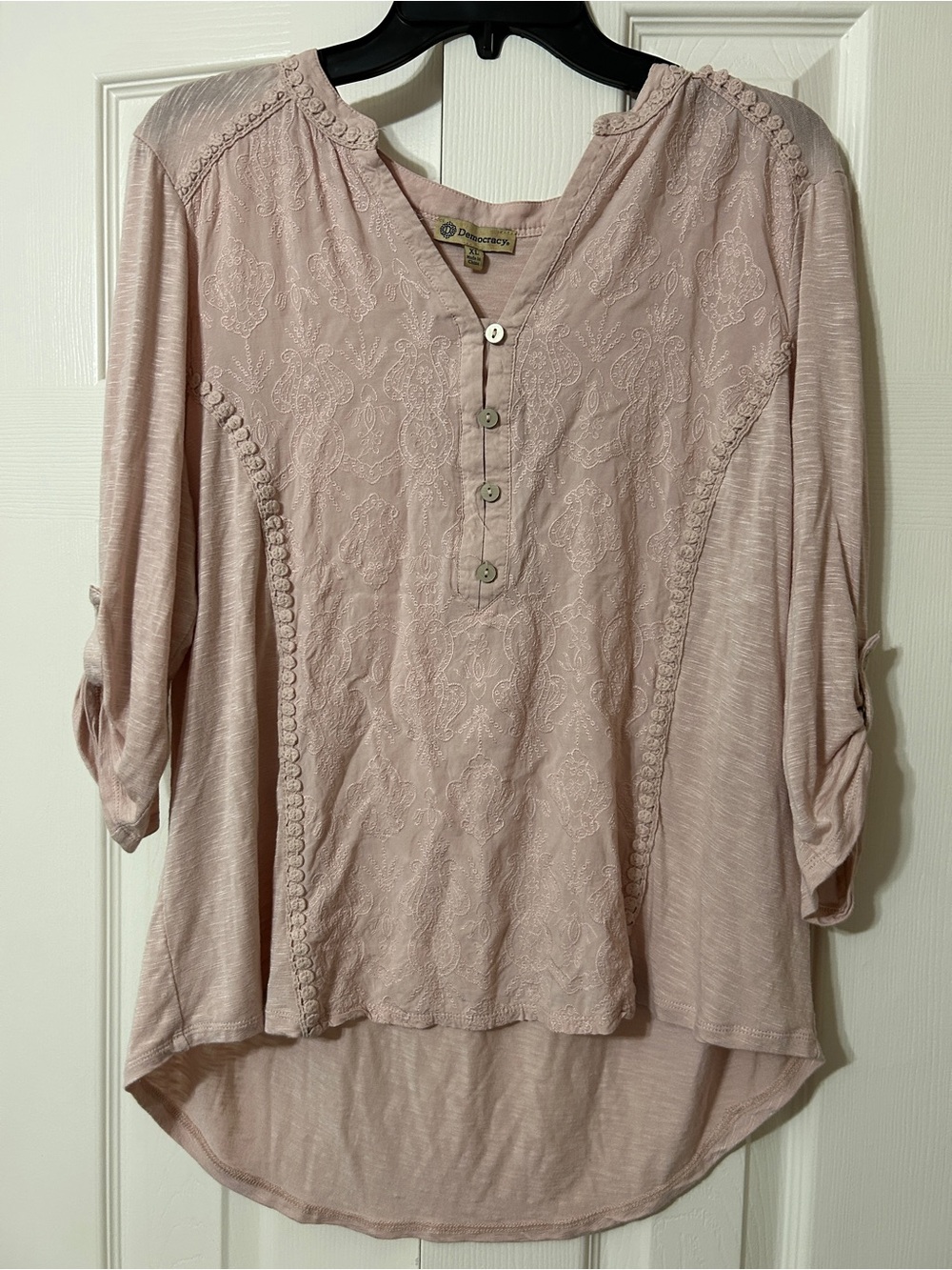 Democracy Dusty Rose Embroidered Henley Top